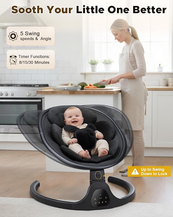 Baby Swing for Infants, Infant Swing with 5 Swing Speed, Built-in Lullabies, 5-Point Harness, Electric Infant Swing with Bluetooth for Indoor & Outdoor Use (Black)