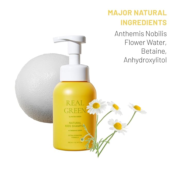 RATED GREEN Real Green Natural Kids Shampoo | Organic Cold Brewed Chamomile, Betaine & Xylitol | For Dry Kids Hair | Silicone-Free, Korean Hair Care | 10.14 Fl. Oz