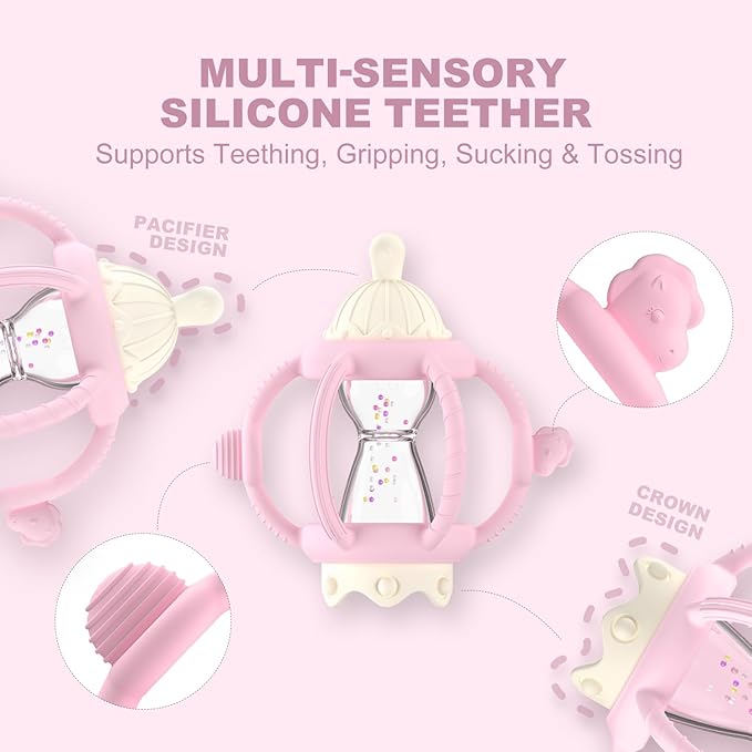 Teething Rattles for Babies 0-6 Months 6-12 months, Silicone Rattle Teether with Pacifier, Baby Montessori Toys 6-18 Months, Infant & Toddler Molar Teething Relief, Boys Girls Essential Gifts (Pink)