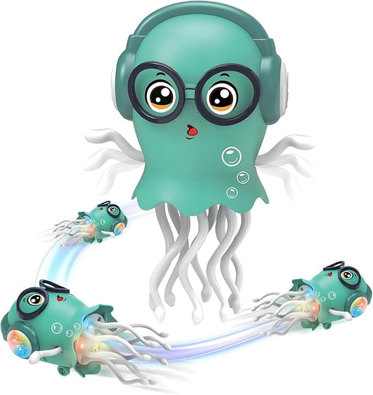 Magic Electric Dancing Jellyfish Toy with Led Light and Music,Playful Automatic Steer Crawling Dancing Baby Toy with Smart Tentacle Explorer,Octopus Toy,Tummy Time Toys(Green)
