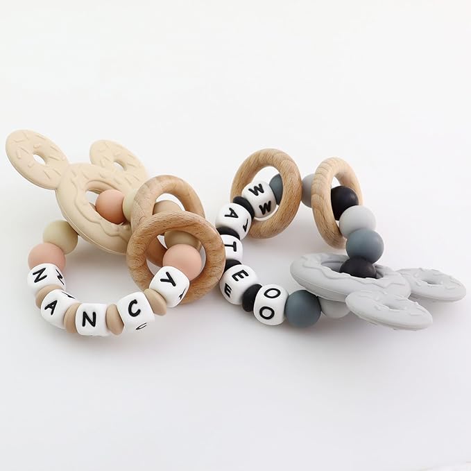 Personalized Baby Teether with Name - Custom Mouse Silicone Teether & Natural Wooden Ring for Boys & Girls - Handmade Unique Baby Shower Gift for Infants & Toddlers (Grey)