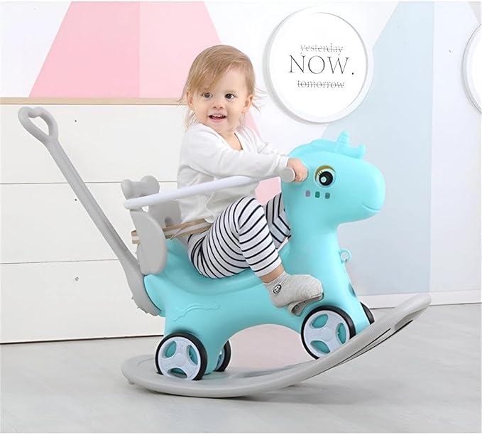 Rocking Horse for Toddlers 1-3 Years,4 in 1 Design, Kids Ride on Toy Balance Bike Push Cart with Detachable Balance Board,Fun Birthday Gift-Blue
