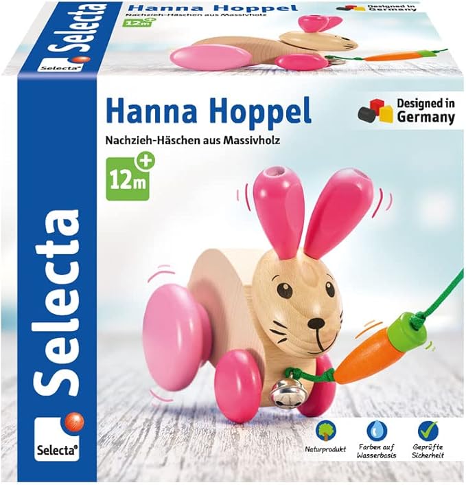 Selecta 62023 Hannah Hoppel Rabbit Pulling Toy on Wheels, Wood, 13 cm