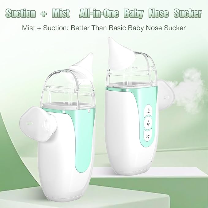Smart Baby Nasal Aspirator, 2-in-1 Electric Nose Sucker for Toddlers with Spray, 5-Level Suction, Soothing Music, 2 Silicone Tips, USB-C Charge, Storage Case | Nasal Aspirator for Baby (Olive Green)