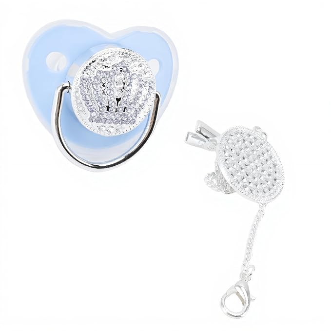 Personalized Bling Pacifier, Heart Shape Shinning Baby Pacifier, Rhinestone Crown Ultra Soft Silicone Infant Dummy Baby Soother Nipple for Baby Show New Born Gifts (Blue M)