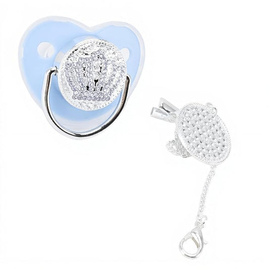 Personalized Bling Pacifier, Heart Shape Shinning Baby Pacifier, Rhinestone Crown Ultra Soft Silicone Infant Dummy Baby Soother Nipple for Baby Show New Born Gifts (Blue M)