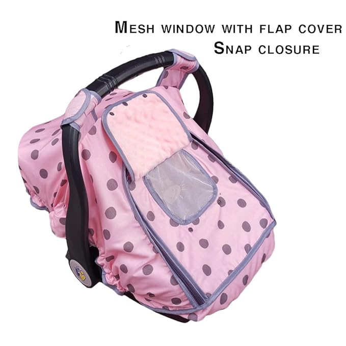 Carseat Cover Girls, Baby car seat Covers for Infant car seat, Baby Carrier Cover Canopy, Window in Door Zipper Open, 2 Layers, Pink dots;
