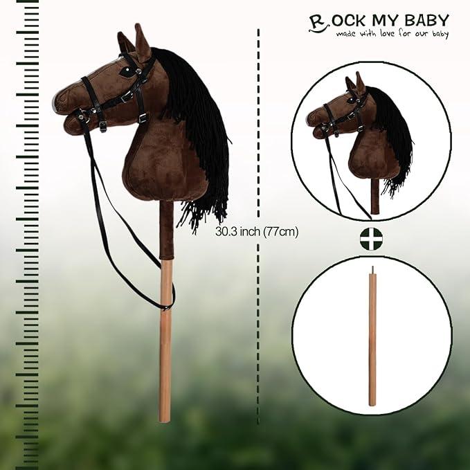 ROCK MY BABY Hobby Horse with a Detachable Bridle Plush Stuffed Stick Horse with Award Ribbon for Kids 3+ Years Old (Dark Brown)