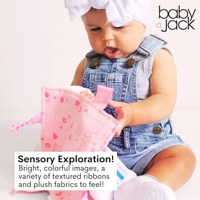 Baby Jack & Co 8x8” Learning Lovey Baby Girl Newborn Gender Reveal Tag Stroller Toy for Babies - Crinkle Toys for Developing Five Senses - Pink Hospital Blanket - Shower Gift - BPA Free Clip