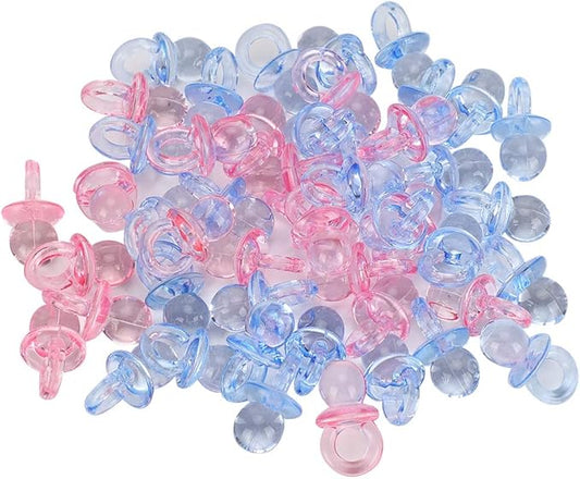 150 Mini Acrylic Pacifiers for Baby Shower Game Assorted Bulk Clothing Accessories and Surrounding Areas Decorate Pacifier Plastic Multi Colored Craft Tiny (Transparent + Blue)