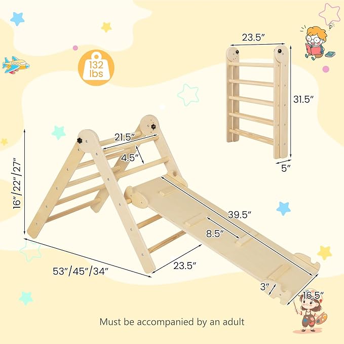 HONEY JOY Climbing Toys for Toddlers, 4 in 1 Foldable Wooden Montessori Kids Triangle Climber, Double Side Ramp & Climber, Baby Learning Indoor Climbing Ladder Gym for Boys Girls (Natural)