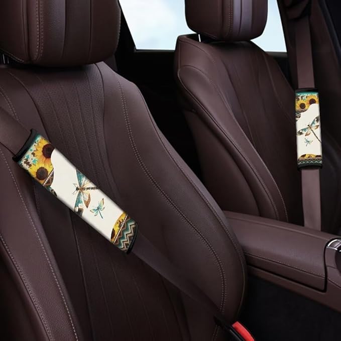 Dragonfly Sunflower Car Seat Belt Pads Covers,Brown Seatbelt Shoulder Strap Covers for Adult, 2 Pack Standard Size