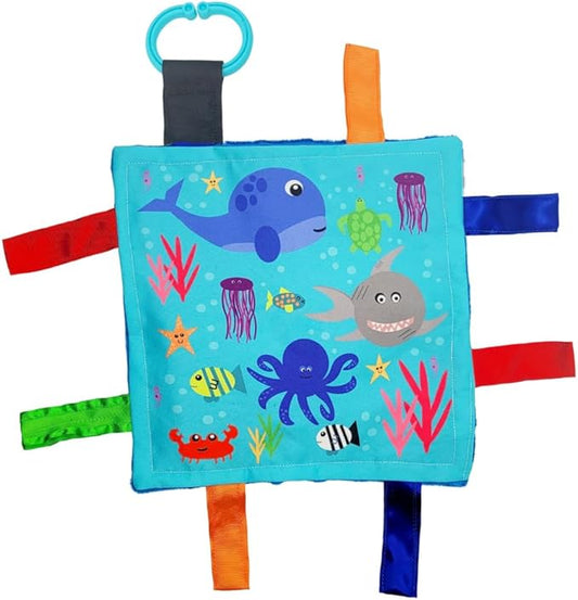 Baby Jack & Co 8x8” Ocean Lovey Tag Toys for Babies - Crinkle Toys for Developmental Play - Soft & Safe - Learn Shapes & Colors - Ideal Toy for Tummy Time - BPA Free w/Stroller Clip
