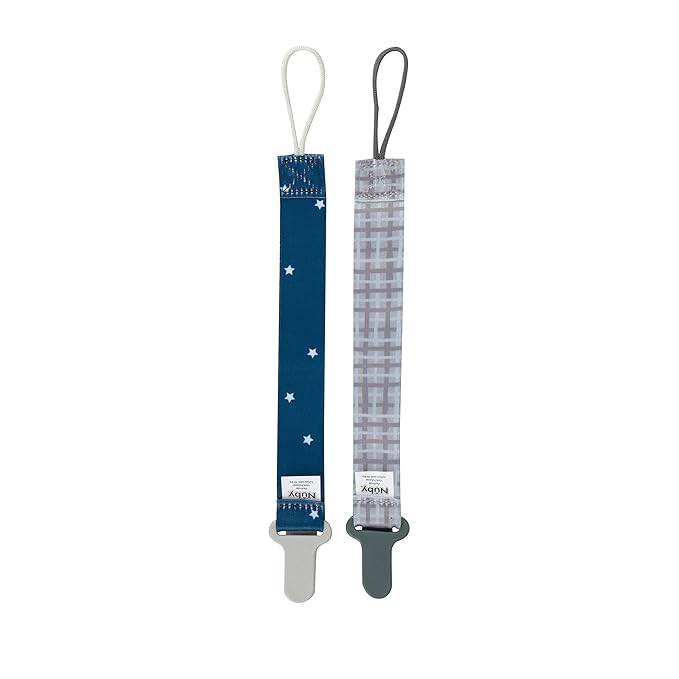 Nuby Pacifinder Baby Pacifier Clip - (2-Pack) - Pacifier Holder Clip with Convenient Hook Loop - Gray Plaid and Blue Stars