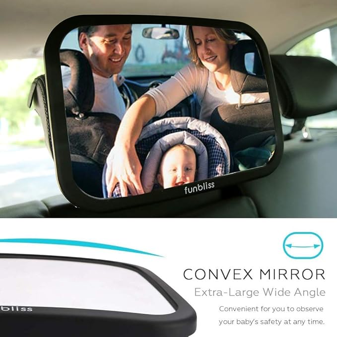 Funbliss Baby Car Mirror + 2 Pack Car Window Shades UPF 50+, Wide Angle Convex Mirror for Baby Rear Facing, 360-Degree Adjustable, Easy Assembly-Free