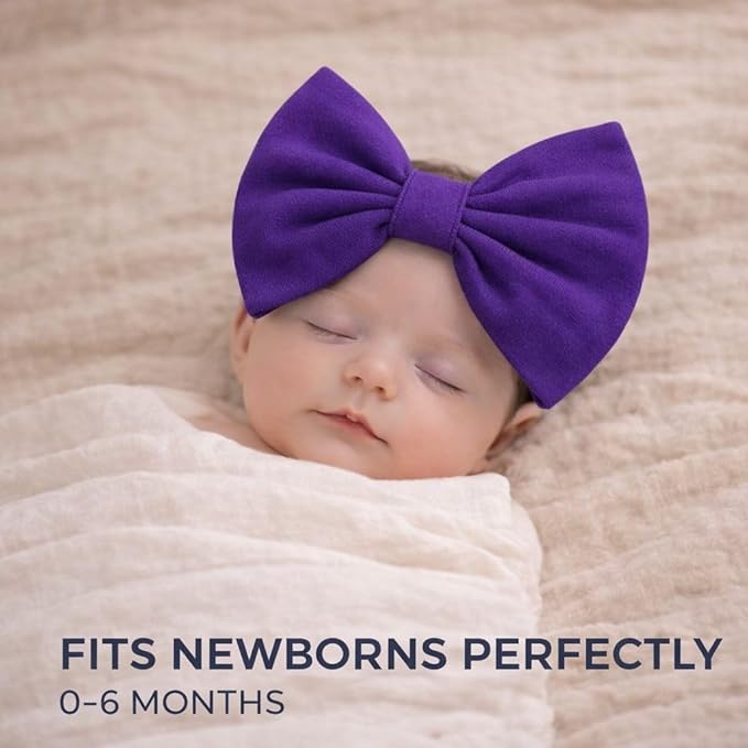 Newborn Baby Girl Headband 0–6 Months – Soft Cotton Big Bow Headband for Infants, Stretchy Baby Hair Band, 4.3" (11 cm) Bow, 2.4" (6 cm) Band (Purple, 0-6 Month)