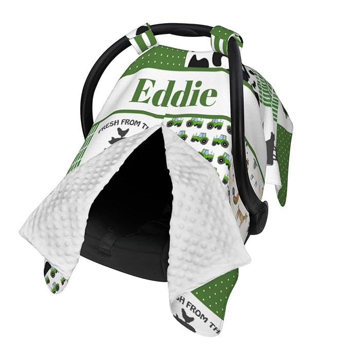 Custom Baby Car Seat Canopy with Name, Personalized Baby Car Seats Covers for Baby Boy, Farm Theme Opening Minky Nursing Breastfeeding Cover for Infant, Carseat Canopies for Newborn