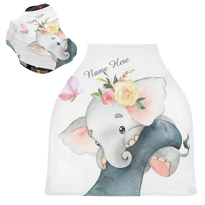 Cute Elephant Car Seat Covers for Baby, Personalized Name Nursing Cover for Breastfeeding, Custom Multi-Use Baby Car Seat Cover for Newborn Boys Girls Infants