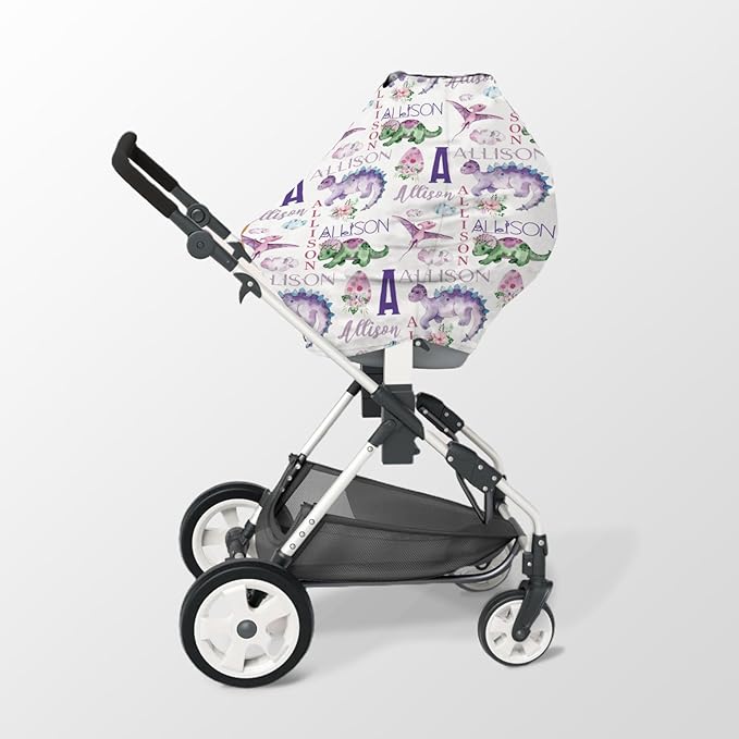Personalized Baby Car Seat Cover Stroller Canopy: Custom Name Newborn Baby Boy Girl Elastic Dinosaur Nursing Cover for Moms First Birthday Gift Purple(one Size)