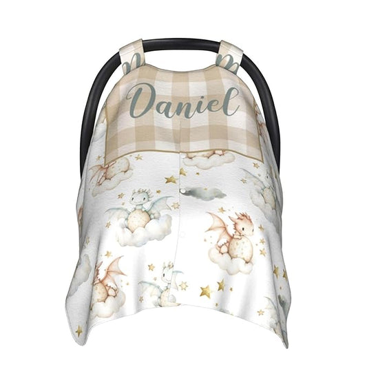 Personalized Flying Dragon Baby Car Seat Canopy – Custom Name Minky Nursing Cover for Boys & Girls, Infant Carseat Canopy, Opening Breastfeeding Stroller Cover for Newborn Baby Gift