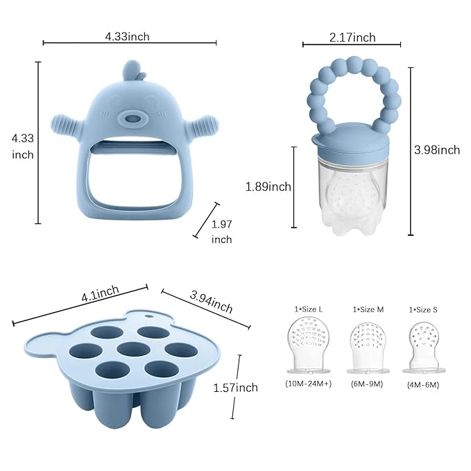 6-in-1 Baby Fruit Feeder Pacifier & Baby Food Feeder Set – Silicone Breastmilk Popsicle Mold with Freezer Tray, Teething Relief Toy, BPA Free Infant Feeder, 3 Sizes (S/M/L) Sacs (Sky Blue)