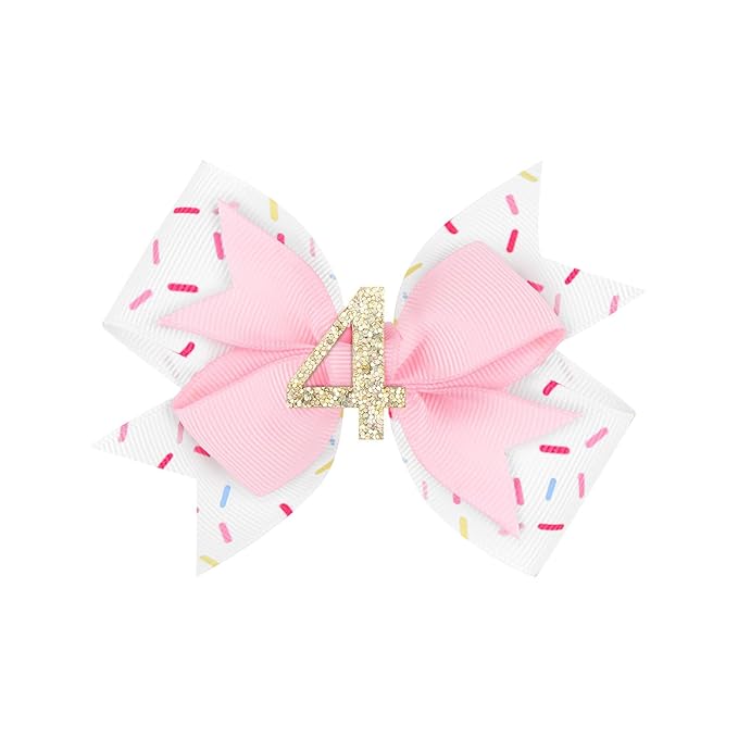 YanJie 1pcs 4'' Baby Hair Bow for 4 Years Old 4th Birthday Outfit Girl Birthday Decorations for Girl Glitter Infants Hair Clips Accessories with Bows