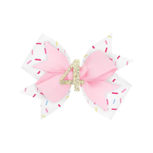 YanJie 1pcs 4'' Baby Hair Bow for 4 Years Old 4th Birthday Outfit Girl Birthday Decorations for Girl Glitter Infants Hair Clips Accessories with Bows
