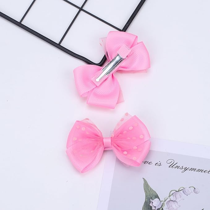 Tiny 3 Inch Dot Organza Double Hair Bow Clips - Cute Lined Boutique Alligator Hairpin for Girls, Toddlers, and Little Teens - Kids Barrettes Set of 2 Small Stylish (Hot Pink)