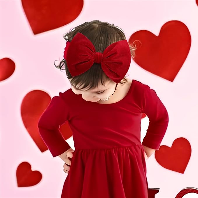 YanJie Headbands, 6" Red Pink Velvet Hairband, Handmade Valentine's Day Baby Hair Accessories, One Size, 5 Count, for Newborn Infant Toddlers Kid