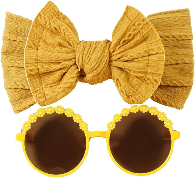 Baby Girls Soft Bows Headband and Daisy Flower Sunglasses Set Hair Bow Headwrap Hair Accessories for Toddler Infant