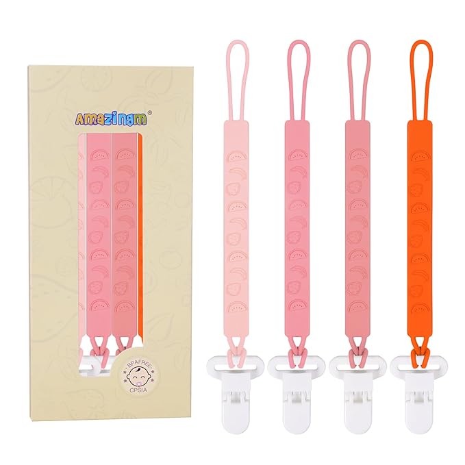 One Piece Design Silicone Pacifier Clip Holder for Baby Boys and Girls,Pack of 4 Flexible Paci Leash,Binky Clips,Newborn Essentials (Fruits, Pink)