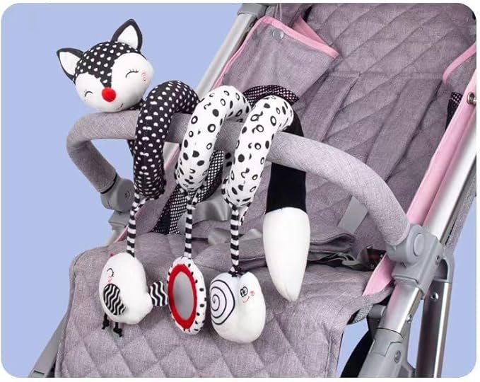 Car Seat Toys for Babies 0-6 Months, Baby Sensory Interaction Cartoon Toys with Bells_Black and White High Contrast Baby Toy Hanging or Wrapping Around The Infant Bed or Strollea03 ﻿
