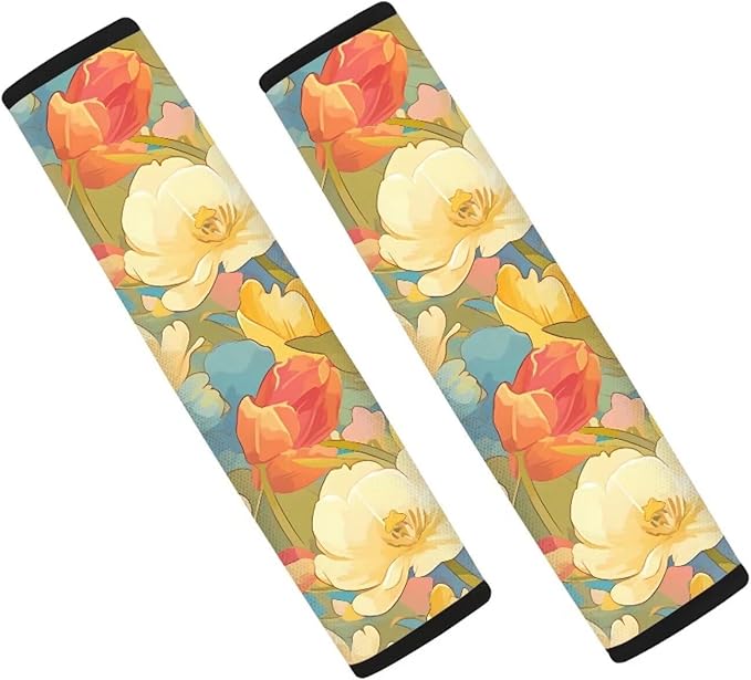 Watercolor Flower Pattern Set of 2 Pcs Car Seat Belt Pads Colorful Floral Painting Auto Seat Belt Cover Protects Shoulder Car, Truck, SUV, Backpack Strap Shoulder Pad