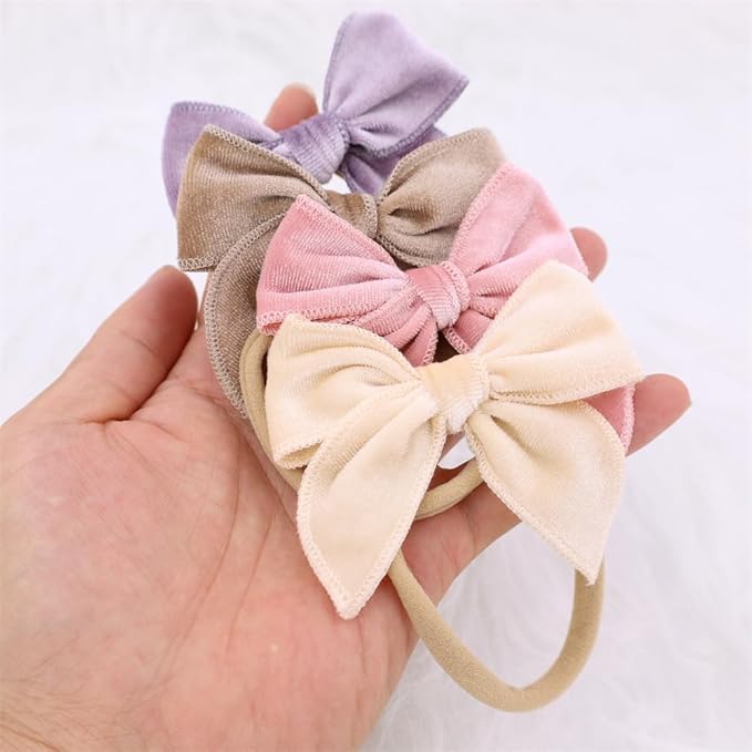 Pack of 12 Velvet Bow Headband for Newborn Baby Toddler Girl Soft Nylon Hairbands Elastic Hair Bands (Fable Bow 3 inch 12 pcs)