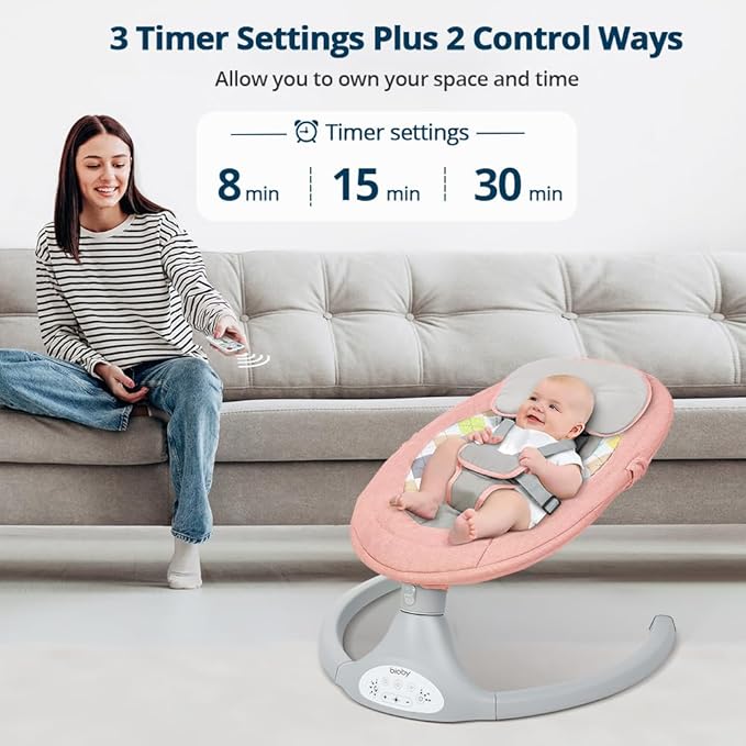 Bioby Baby Swing for Infants with 5 Natural Sway Speeds, Portable Bt Music Baby Swing with Remote Control & 5-Point Harness, Lightweight Baby Rocker for 5-20 Lb,0-12 Months Pink