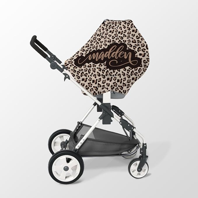 Personalized Baby Car Seat Cover Stroller Canopy: Custom Name Newborn Baby Boy Girl Elastic Leopard Pattern Nursing Cover for Moms First Birthday Gift(one Size)