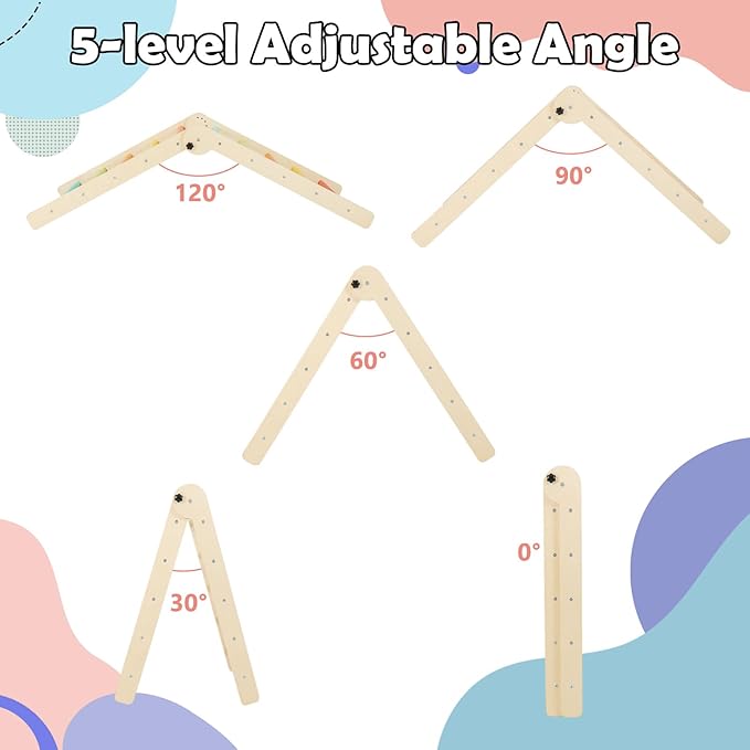 Olakids Pikler Triangle Set 7 in 1 Climbing Toys for Toddlers 1-3 Inside Foldable Wood Montessori Jungle Gym with Ramp Slide Arch Rocker Angle Adjustable Ladder Indoor Kids Playground Baby Climber