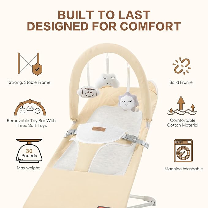 Baby Bouncer, Foldable Infant Bouncer Seat with 3 Adjustable Heights, 0-18 Months, Portable Baby Bouncer with Soft Cotton Fabrics, Lightweight & Easy to Wash