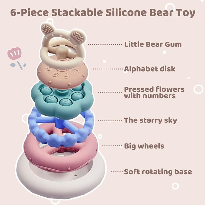 Baby Bear Teething & Stacking Toy Set - Teething Toys Silicone Teethers, Soft Baby Stacker Rings Teether, Learning Toy Gift for Boys and Girls 6+ Months (Beige)
