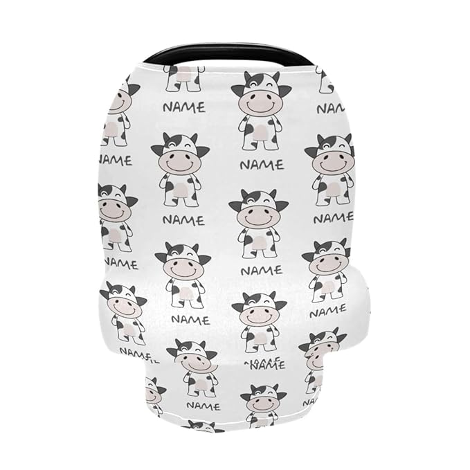 Personalized Baby Car Seat Cover for Babies, Custom Name Baby Car Seats Canopy for Boys Girls, Funny Cow Nursing Breastfeeding Stroller Covers for Infant Newborn, Shower Gift for Baby