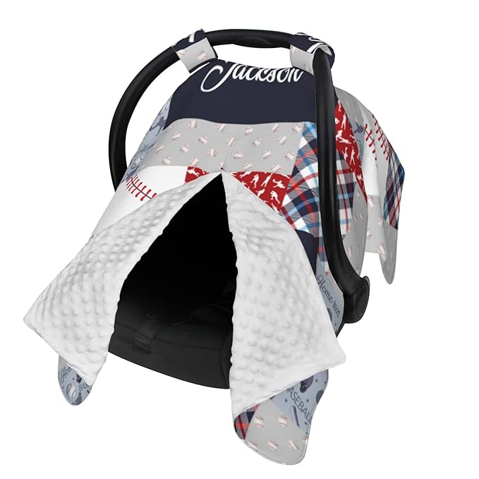 Personalized Baseball Baby Car Seat Canopy for Babies with Name, Custom Sports Car Seat Covers Boys Girls, Peekaboo Opening Minky Nursing Breastfeeding Cover Infant Car Seat Canopies for Newborn