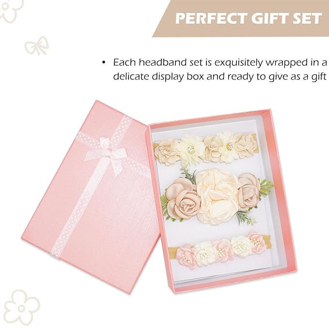 Baby Girl Flower Headbands Set, 3pcs Elastic Nylon Floral Hair Band, Bows Wrap for Infant Newborn Toddler
