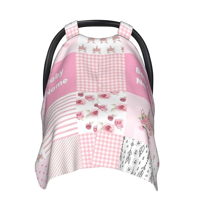 Personalized Floral Cute Unicorn Baby Car Seat Canopy for Baby with Name, Custom Light Weight Minky Covers for Baby Girl, Nursing Breastfeeding Stroller Cover Canopies for Newborn