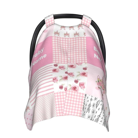 Personalized Floral Cute Unicorn Baby Car Seat Canopy for Baby with Name, Custom Light Weight Minky Covers for Baby Girl, Nursing Breastfeeding Stroller Cover Canopies for Newborn