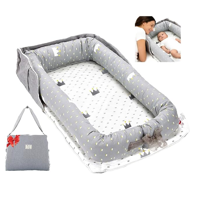 Baby Lounger for Newborn Portable Bag,Baby Lounger Play Mat for Awake-Time,Newborn Babies Essentials Gifts 0-24 Months Home Travel(Crown Grey)