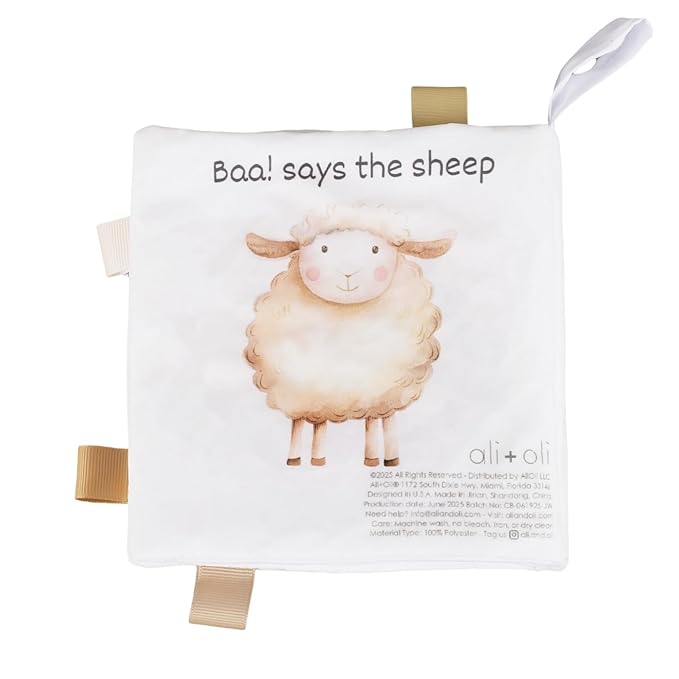 Ali+Oli Baby Cloth Book – Soft Sensory Crinkle Book for Infants 0-12 Months – Early Learning Touch & Feel Tummy Time Toy – Colorful taggies - Newborn Shower Gift - Farm Animals