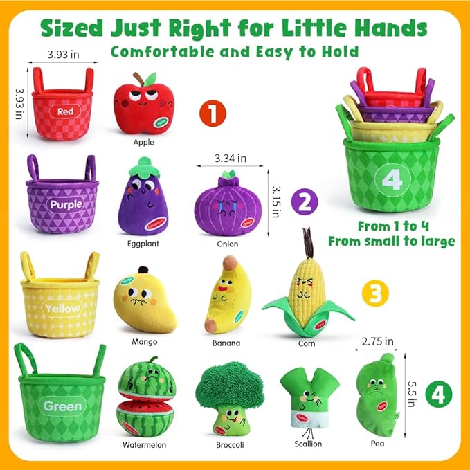 Sensory Bean Bags, Play Food for Toddler, My First Fruit Vegetable Basket Texture Sensory Toys with Crinkle Rattle, Color Sorting Matching Game, Easter Soft Plush Stocking Stuffers Baby Boy Girl