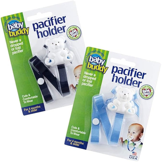 Baby Buddy Bear Pacifier Holder Clip Snaps to Paci, Teether, Toy, Clips to Baby's Shirt, Pacifier Clip - Babies 4 Months & Up/Toddler Boys & Girls, Baby Must Haves, Navy-Blue, 2 Count
