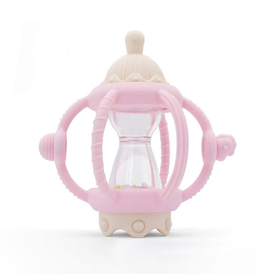 Baby Carousel Teething Toy with Soft Silicone & ABS, 2-in-1 Rattle and Removable Teether Ring, BPA-Free Multi-Sensory Toy for Infants 0–12 Months Newborn Gift for Boys and Girls (Pink)