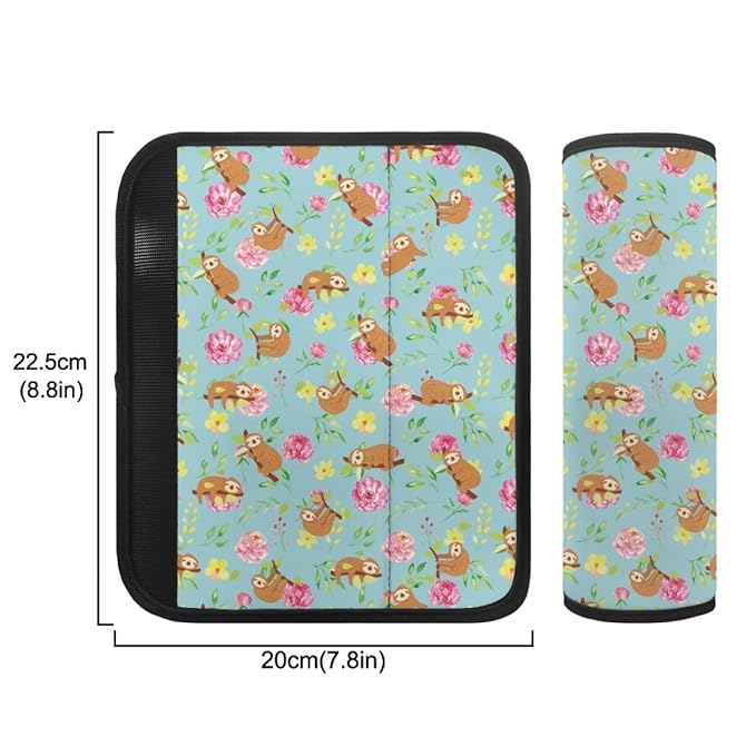ENLACHIC Kids Car Seat Belt Cover, Cute Cartoon Animal Print Baby Car Seat Strap Pads Infant Car Seat Protector Car Accessories Universal All Cars,Sloth Flower